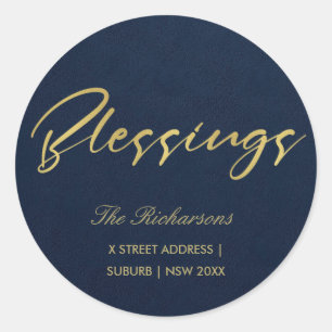 NAVY GOLD MINIMAL CALLIGRAPHY BLESSINGS ADRESSE RUNDER AUFKLEBER