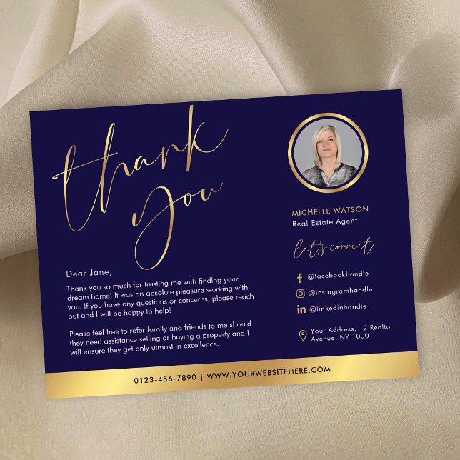 Navy & Gold Modern Real Anwesen Foto Vielen Dank Karte (Navy and gold real estate agent thank you cards with space for your logo, photo and custom text)