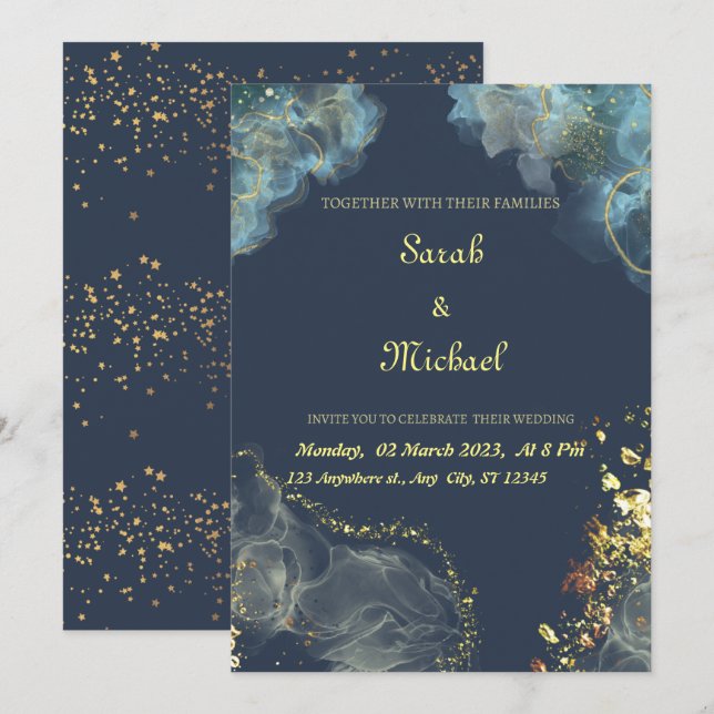 Navy Gold Moderne Hochzeitseinladung Einladung (Vorne/Hinten)