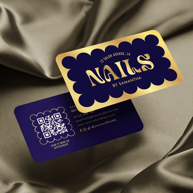 Navy & Gold Moderne QR Code Manicure Nails Salon Visitenkarte (Von Creator hochgeladen)