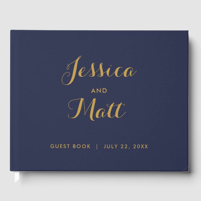 Navy Gold Modernes Script Foto Wedding Guest Book Gästebuch (Vorderseite)