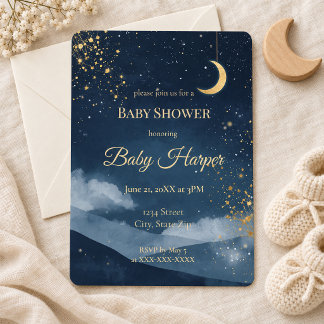 Navy Gold Mond und Sterne Himmel Baby Shower Einladung