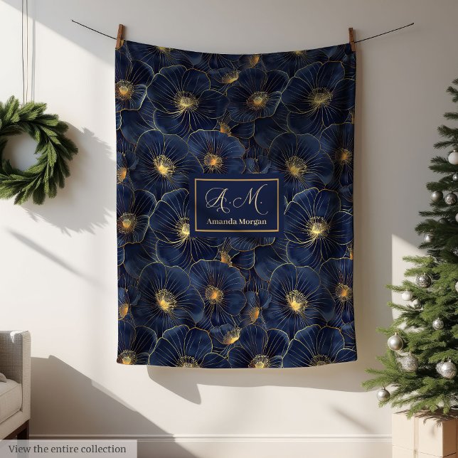 Navy Gold Monogram Blanket Chic Floral Decor Fleecedecke (Navy Gold Monogram Blanket Chic Floral Decor)