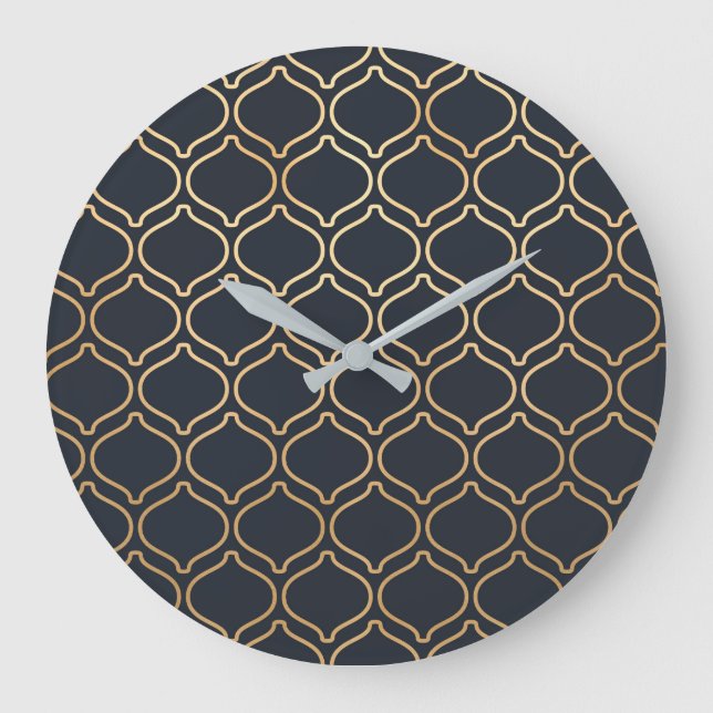 Navy & Gold Moroccan Pattern Große Wanduhr (Vorderseite)