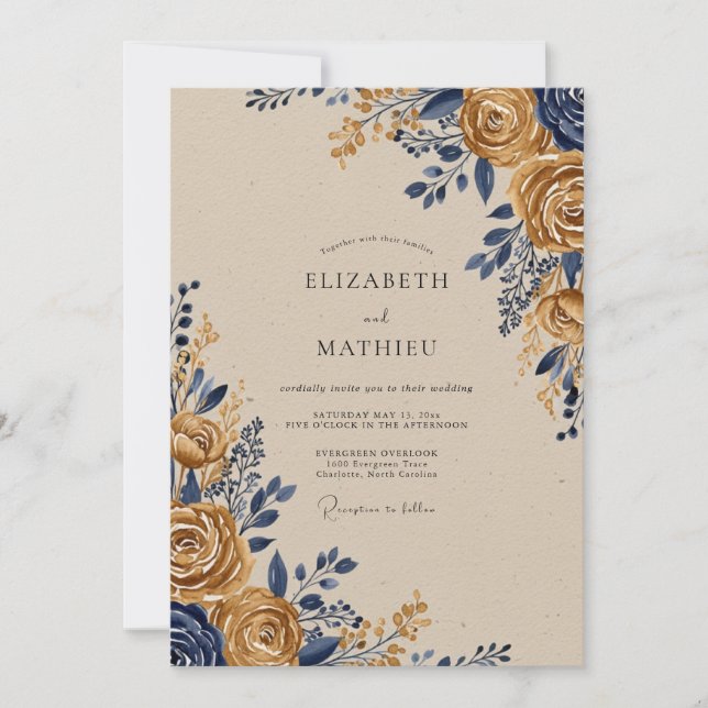 Navy Gold Ornate Rustic Wedding Einladung (Vorderseite)