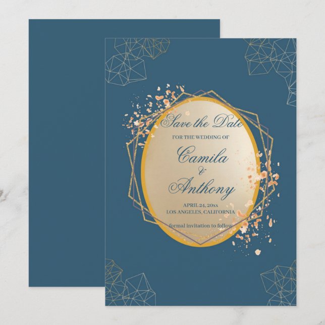 Navy Gold Oval Floral Boho Save the Date Einladung (Vorne/Hinten)