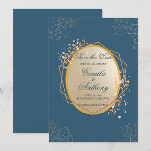 Navy Gold Ovale Blumen Boho Save The Date Einladung