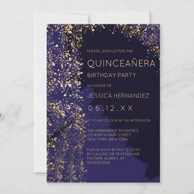 Navy Gold Paint Spritzer Brushstroke Quinceañera Einladung (Vorderseite)