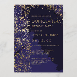 Navy Gold Paint Spritzer Brushstroke Quinceañera Einladung