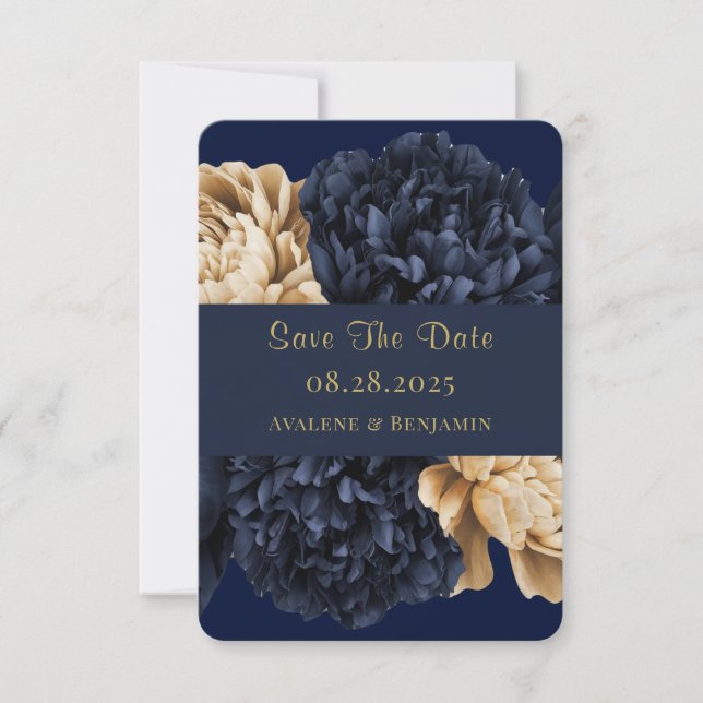 Navy Gold Painted Peony Wedding Save the Date Card Dankeskarte (Vorderseite)