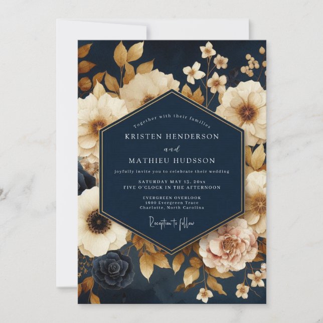 Navy Gold Painterly Bloom Wedding Einladung (Vorderseite)