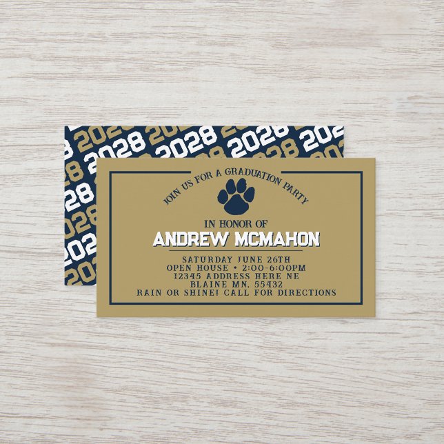 Navy & Gold Pawprint Mini Abschluss lädt ein Visitenkarte (Navy Blue & Gold Pawprint Mini Graduation Invites for Friends, Team Mates or as Inserts!)