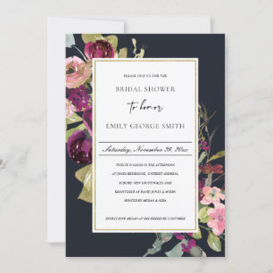 NAVY GOLD PINK RED ROSE FLORA BRIDAL SHOWER INVITE DANKESKARTE