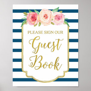 Navy Gold Pink Watercolor Floral Guest Book Sign Poster