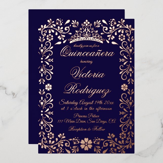 Navy Gold Quinceañera Elegant Floral  Folieneinladung (Vorderseite/Rückseite)