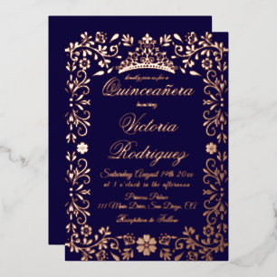 Navy Gold Quinceañera Elegantes Florales Folieneinladung