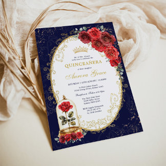 Navy Gold Quinceañera Enchanted Red Roses Party Einladung