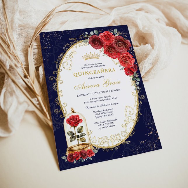 Navy Gold Quinceañera Enchanted Red Roses Party Einladung (Von Creator hochgeladen)