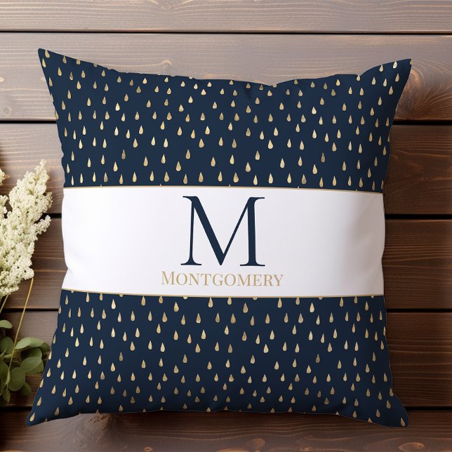 Navy Gold Raindrop Modern Trendy Monogram Kissen (Von Creator hochgeladen)