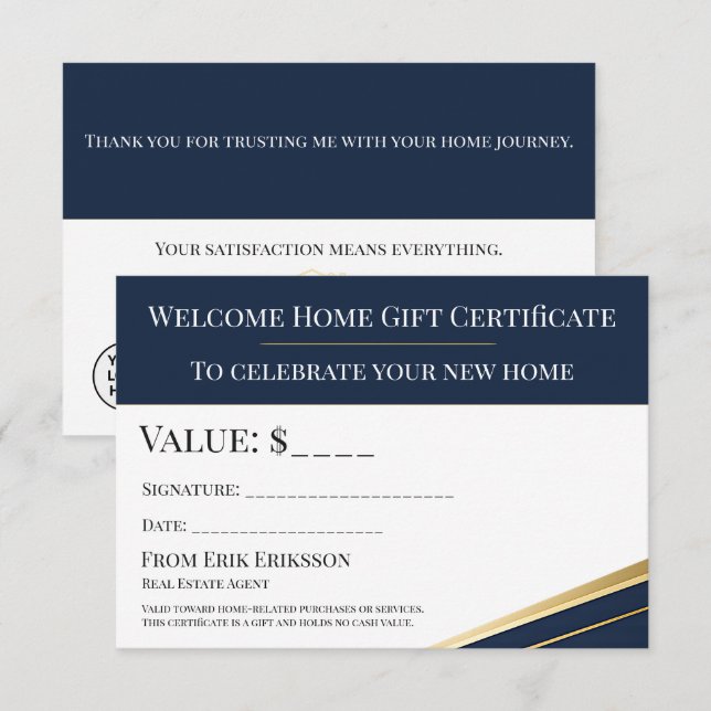 Navy Gold Realtor Willkommensgeschenk-Zertifikat (Vorne/Hinten)