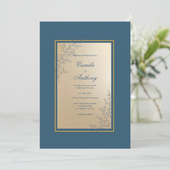 Navy Gold Rectangle Floral Boho Hochzeit Einladung (Stehend Vorderseite)