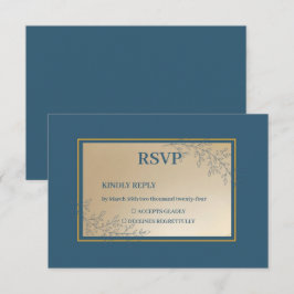 Navy Gold Rectangle Floral Boho Hochzeit RSVP Karte