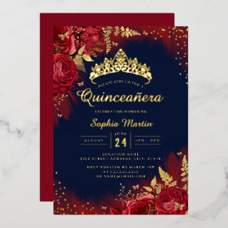 Navy Gold Red Butterfly Floral Quinceanera Folieneinladung