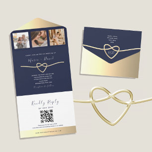 Navy Gold Rope Heart QR Hochzeit All In One Einladung