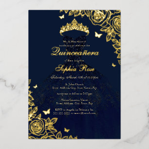 Navy Gold Rose Dress Quinceanera Folieneinladung