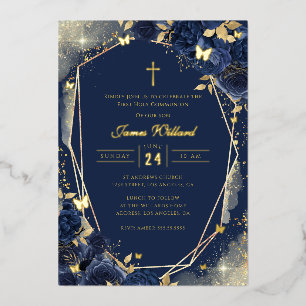 Navy Gold Rose Jungen Erstkommunion Folie Folieneinladung