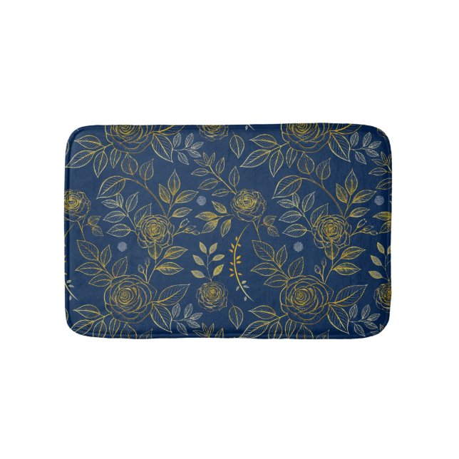 Navy & Gold Rose - Nahtloses botanisches Muster Badematte (Vorderseite)
