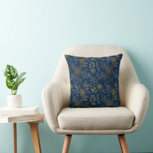 Navy & Gold Rose - Nahtloses botanisches Muster Kissen