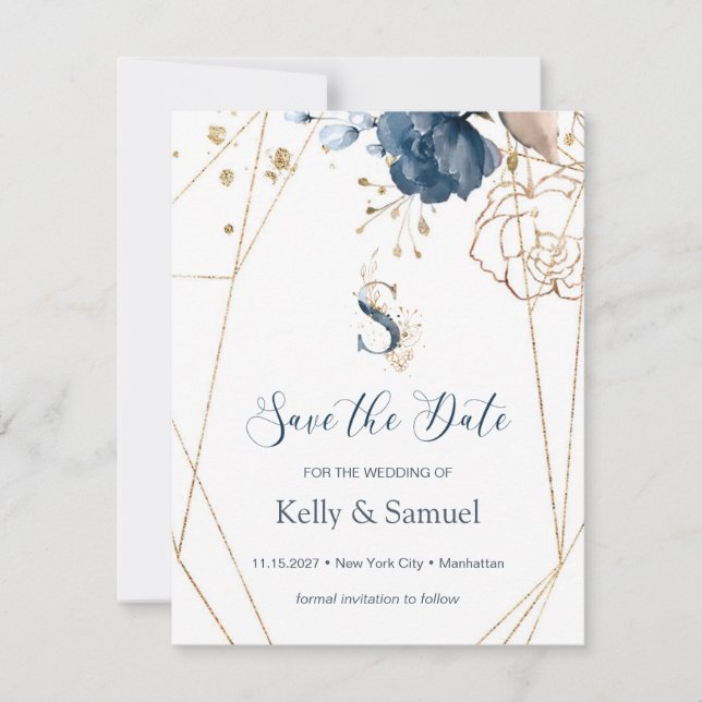 Navy & Gold Rose Save the Date (Vorderseite)