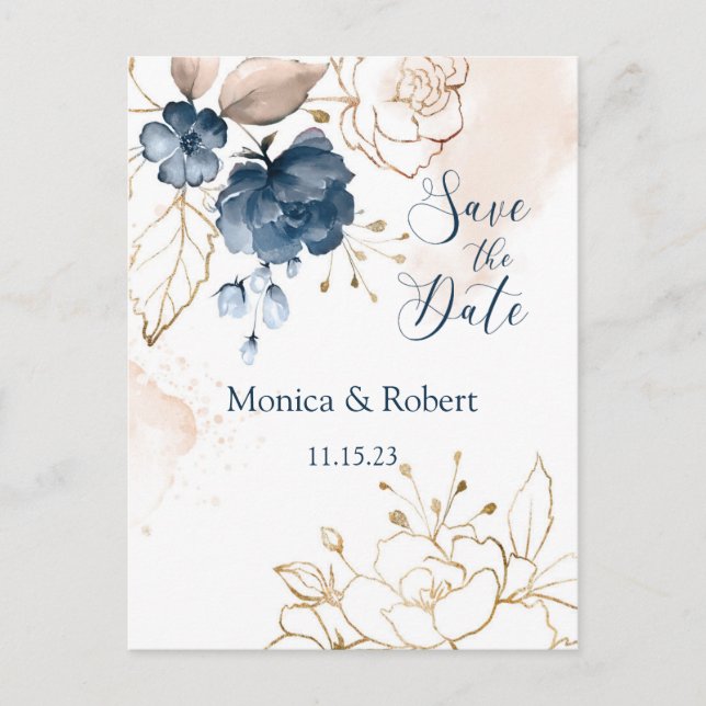 Navy & Gold Rose Save the Date Postkarte (Vorderseite)