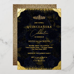 Navy Gold Rose Tiara Quinceanera Einladung