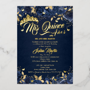 Navy Gold Rosen Mis Quince Quinceanera Folieneinladung