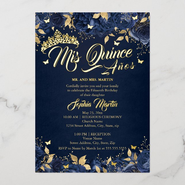 Navy Gold Rosen Mis Quince Quinceanera Folieneinladung (Vorderseite)