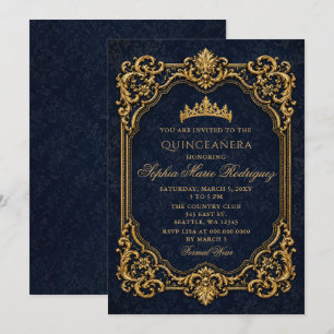 Navy Gold Royal Princess Tiara Quinceañera Einladung