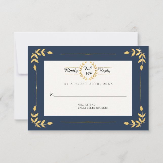 Navy Gold RSVP Modern Laurel Leaf Wreath Foliage (Vorderseite)