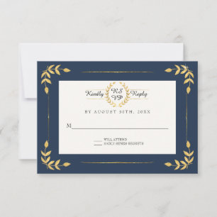 Navy Gold RSVP Modern Laurel Leaf Wreath Foliage Karte