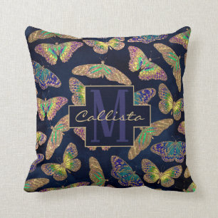 Navy-Gold-Schmetterlinge Glitzer-Aquarellfarbenmon Kissen