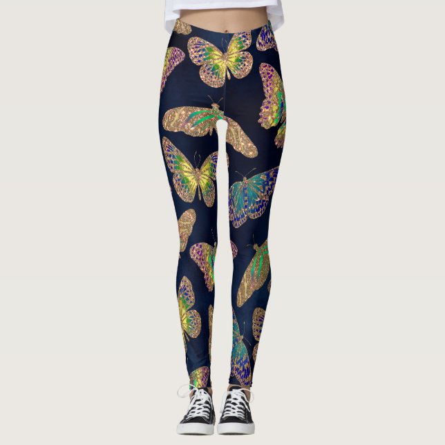 Navy-Gold-Schmetterlinge Glitzer-Aquarellmuster Leggings (Vorderseite)