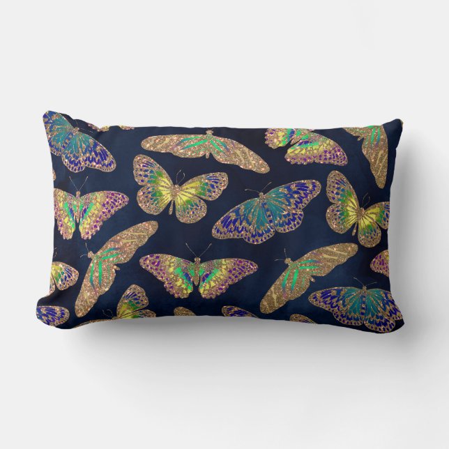 Navy-Gold-Schmetterlinge Glitzer-Aquarellmuster Lendenkissen (Vorderseite)