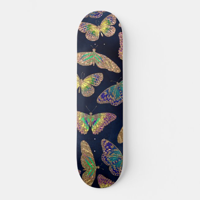 Navy-Gold-Schmetterlinge Glitzer-Aquarellmuster Skateboard (Vorderseite)
