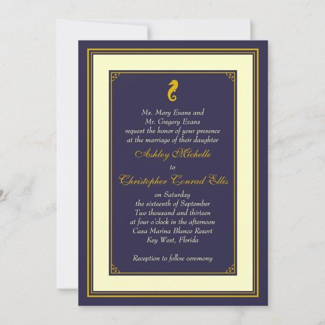 Navy Gold Seepferd Nautical Wedding Einladung (Vorderseite)