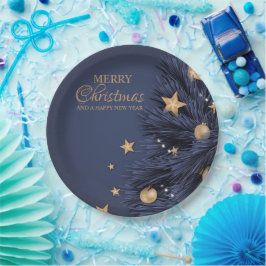 Navy Gold Simple Christmas Day 9"Round Paper Plate Pappteller