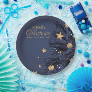 Navy Gold Simple Christmas Day 9"Round Paper Plate Pappteller
