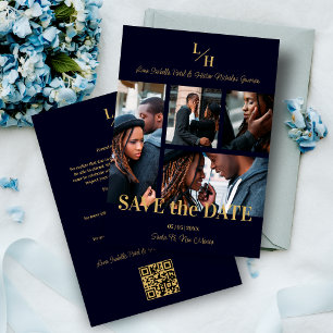 Navy & Gold Simple Classic 4 Multi-Fotos Collage Save The Date