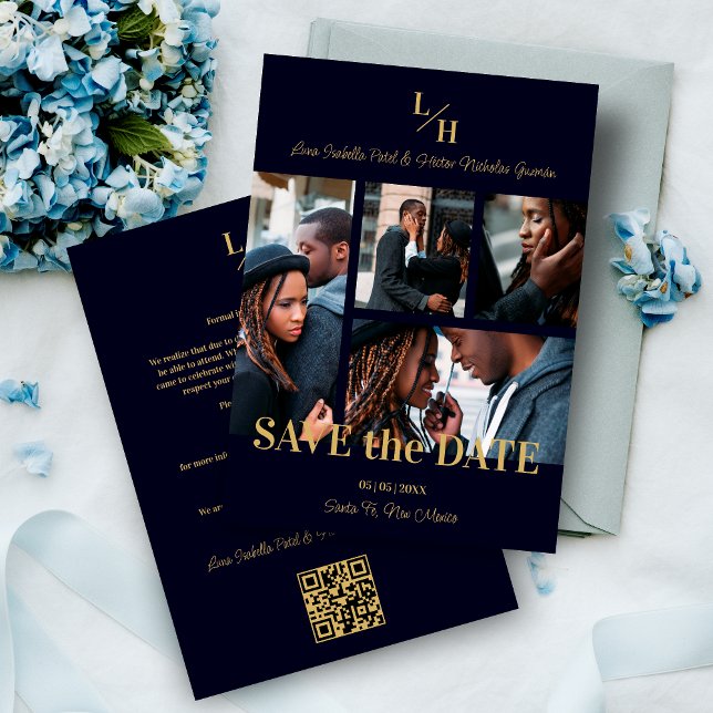 Navy & Gold Simple Classic 4 Multi-Fotos Collage Save The Date (Navy Blue & Fake Gold Simple Classic 4 Multi Photos Collage Save the Date Card with Envelope. )