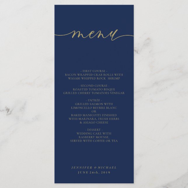 Navy Gold Simple Modern Wedding Zeremony Dinner Menükarte (Vorderseite)